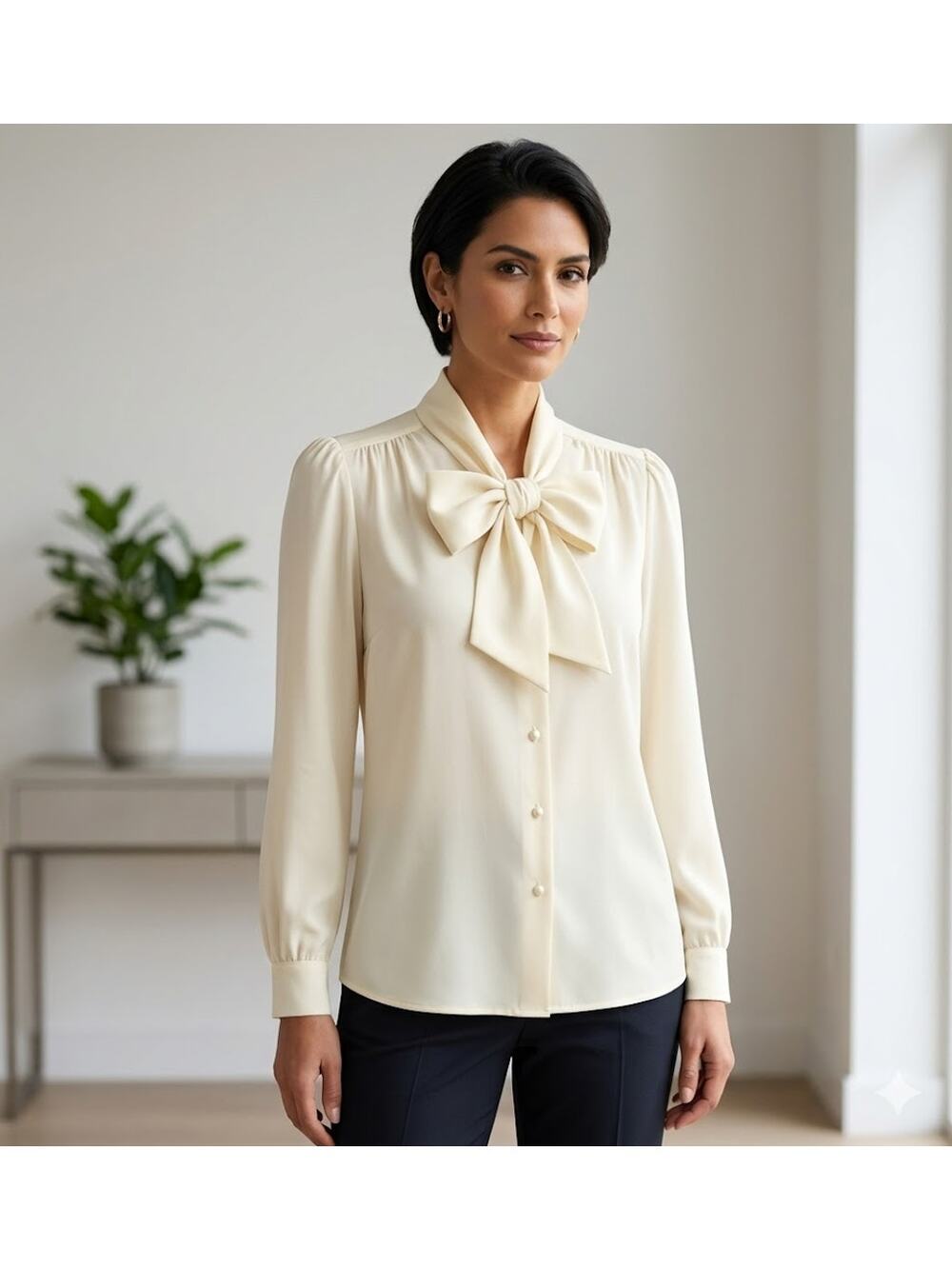 Vintage J.G. Hook Cream Blouse Bow Neck Long Sleeve Preppy Light Academia 10
